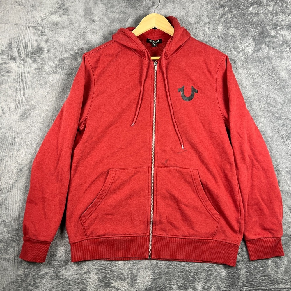 True Religion Hoodie Mens Large Red Buddha Graphic Print Fleece Lined Full Zip